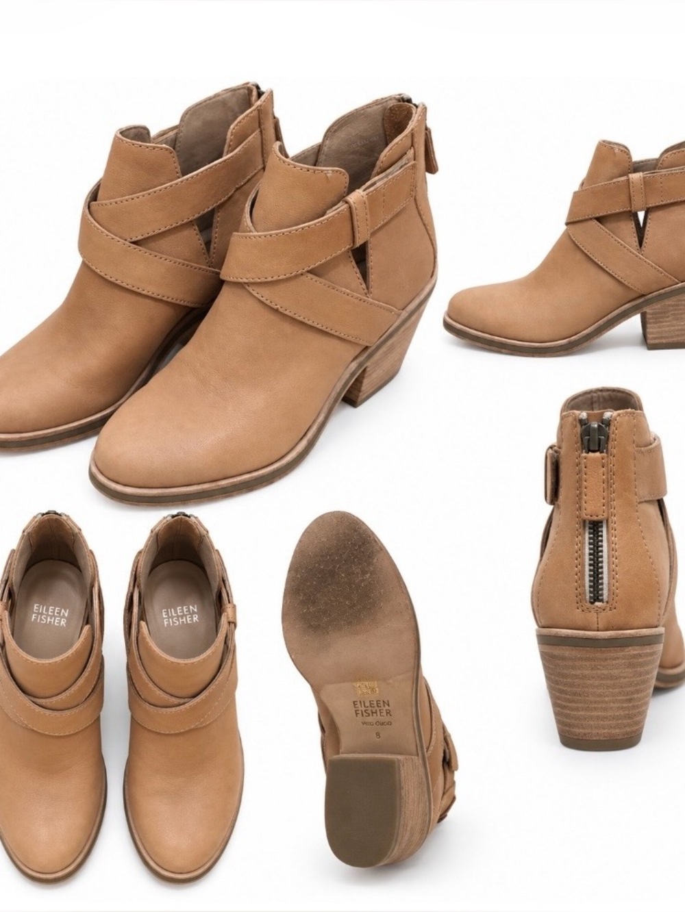 Eileen Fisher Leather Ankle Boot With Wrap Strap Block Heel 8